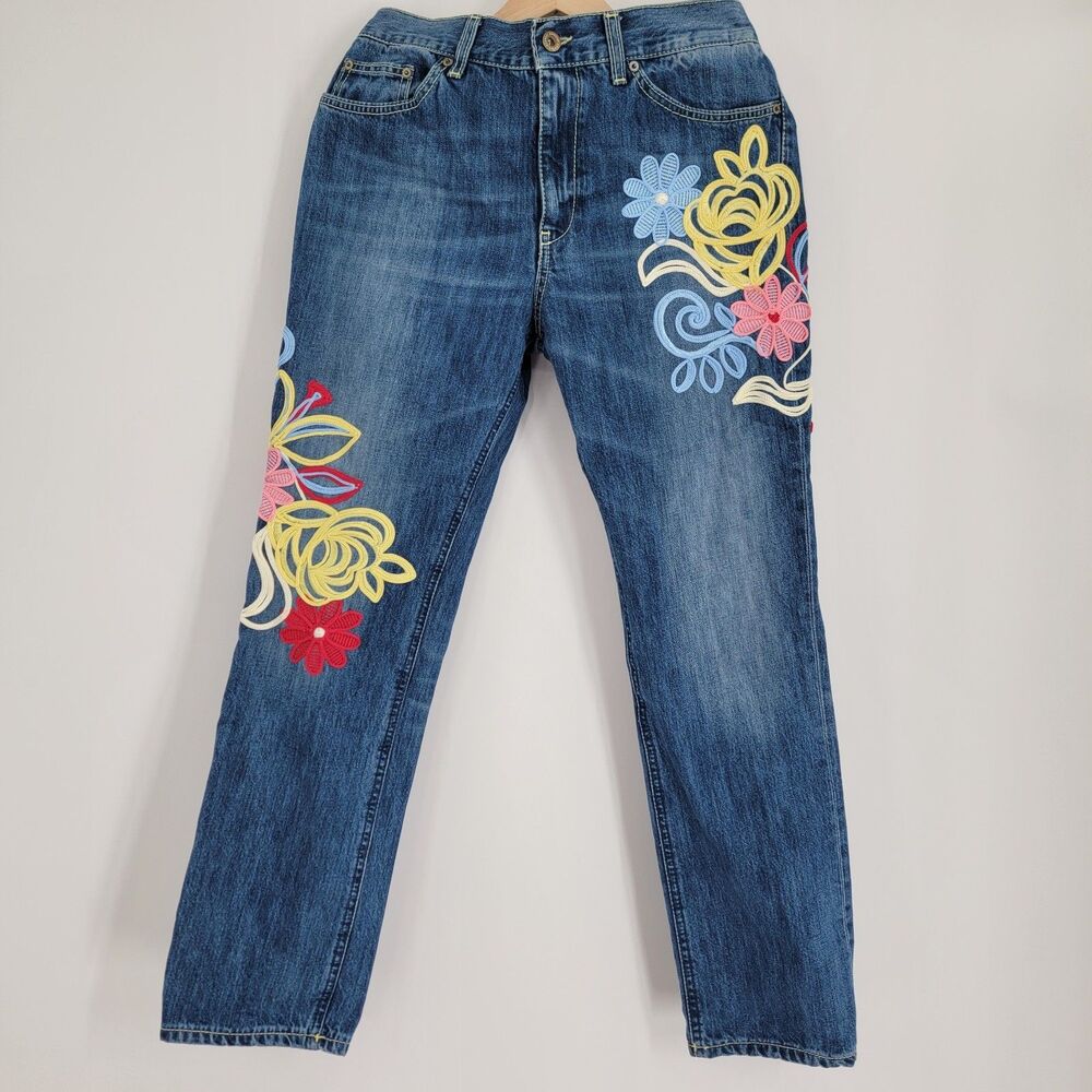 Dondup Women 26 Blue Straight Leg Jeans Multicolor Floral Embroidered Boho Italy